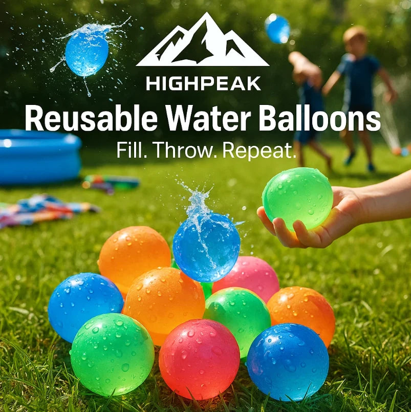 HighPeak Reusable Water Balloons in vibrant colors used in backyard splash battle with kids playing in the background