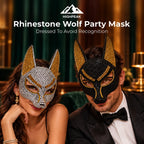Man and woman wearing sparkling rhinestone wolf party masks at an elegant masquerade event