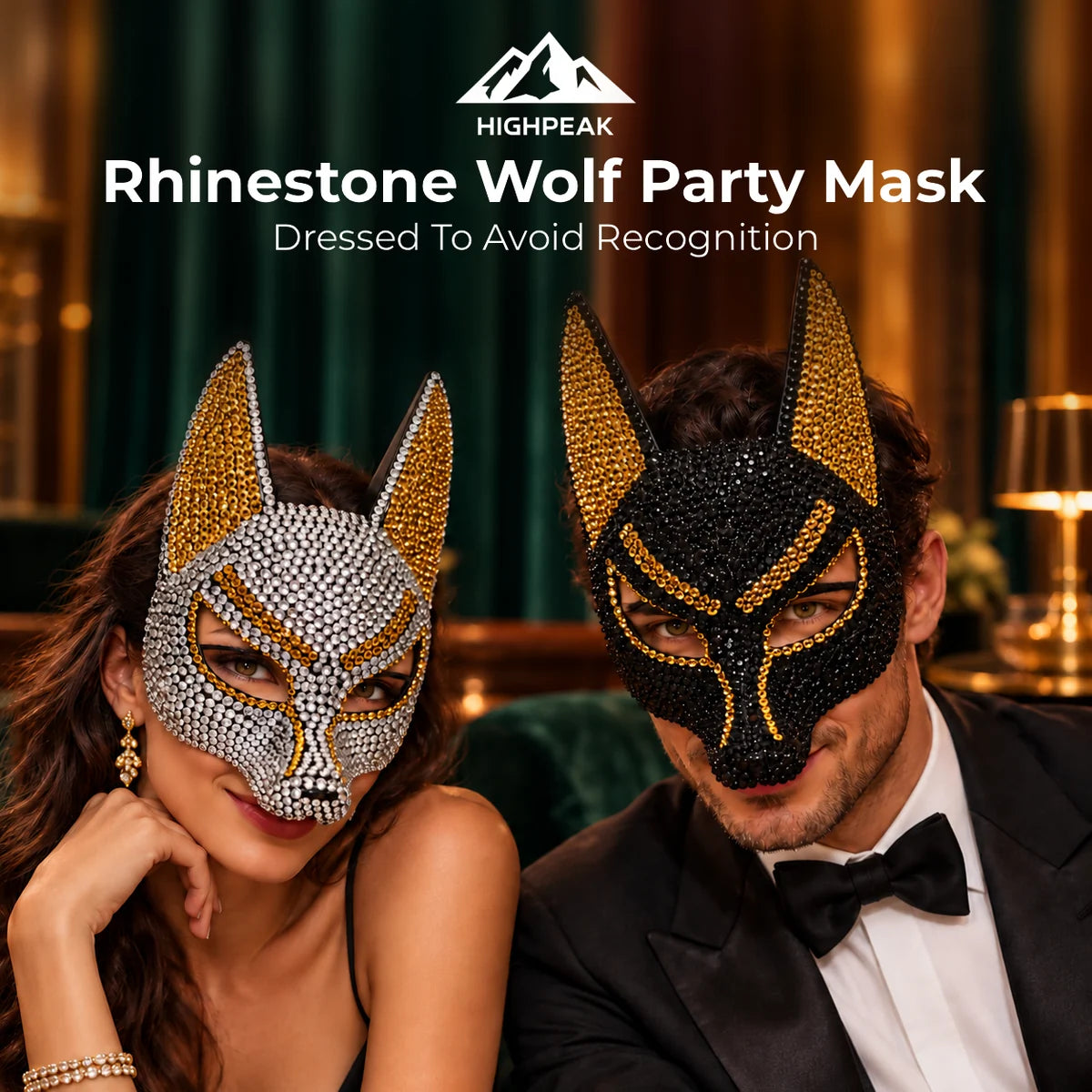 Man and woman wearing sparkling rhinestone wolf party masks at an elegant masquerade event