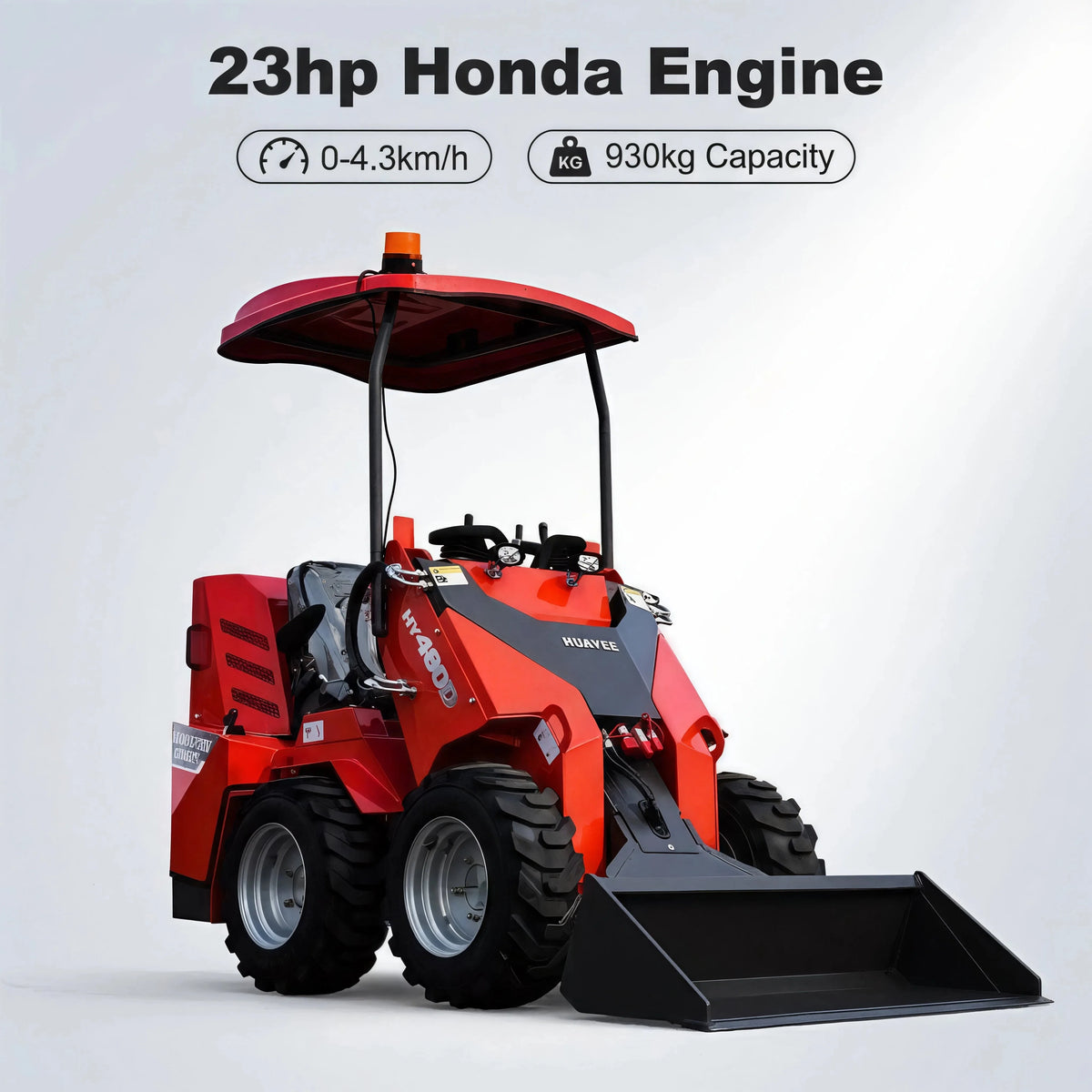 HY480D ride-on loader infographic showing a 23 HP Honda engine, travel speed and 930 kg capacity