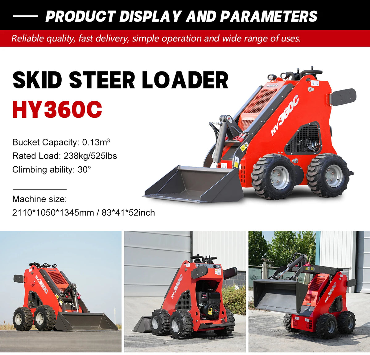 Supplier specification sheet for the separate HY360C stand-on wheeled loader model