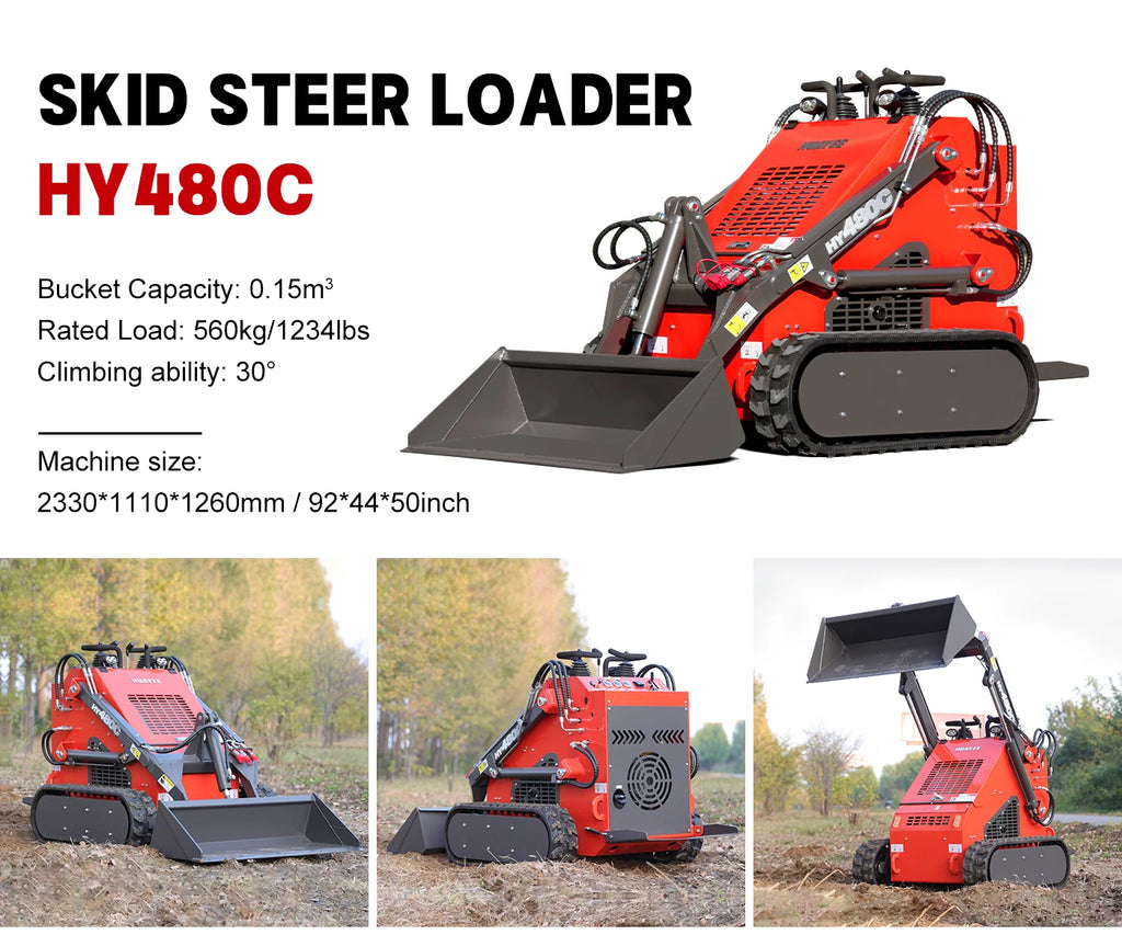 Supplier specification sheet for the separate HY480C tracked stand-on loader model