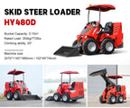 HY480D supplier dimensions and bucket specification chart with front, rear and raised-bucket views