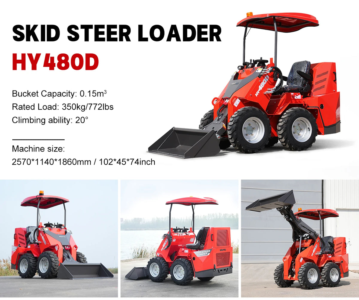 HY480D supplier dimensions and bucket specification chart with front, rear and raised-bucket views