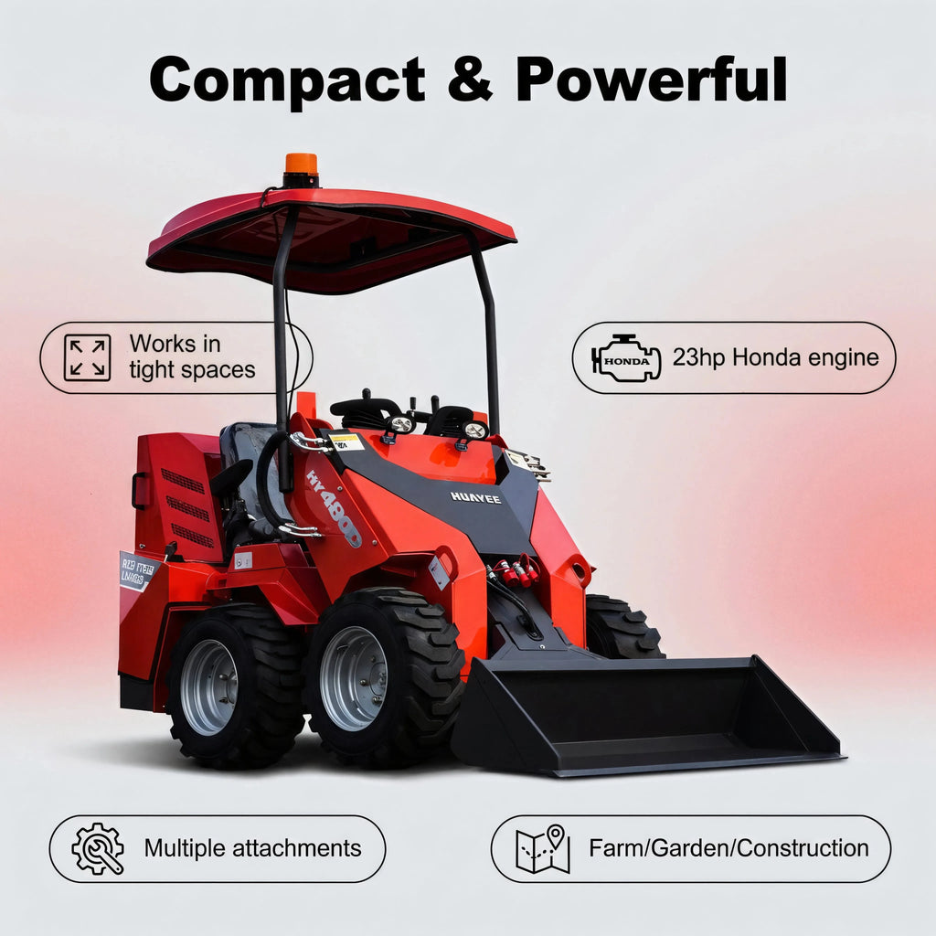 Ride-On Skid Steer Loader HY480D with red body, operator seat, canopy, four tires and front bucket