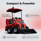 Ride-On Skid Steer Loader HY480D with red body, operator seat, canopy, four tires and front bucket