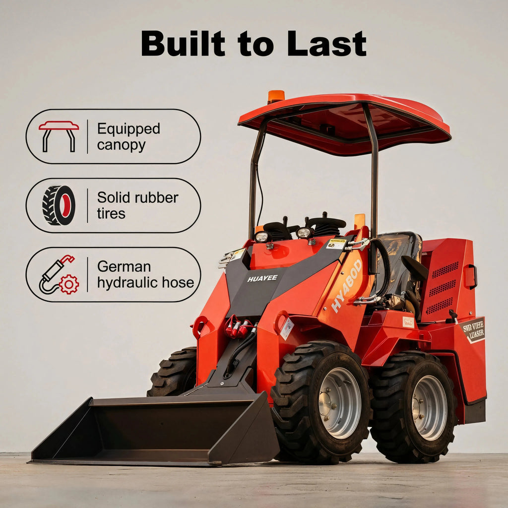 HY480D wheeled skid steer loader with seated operator area, canopy and hydraulic hose feature graphic