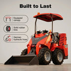 HY480D wheeled skid steer loader with seated operator area, canopy and hydraulic hose feature graphic