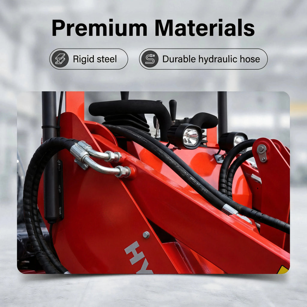 Close-up of hydraulic hose connections, red steel loader arm and controls on the ride-on skid steer