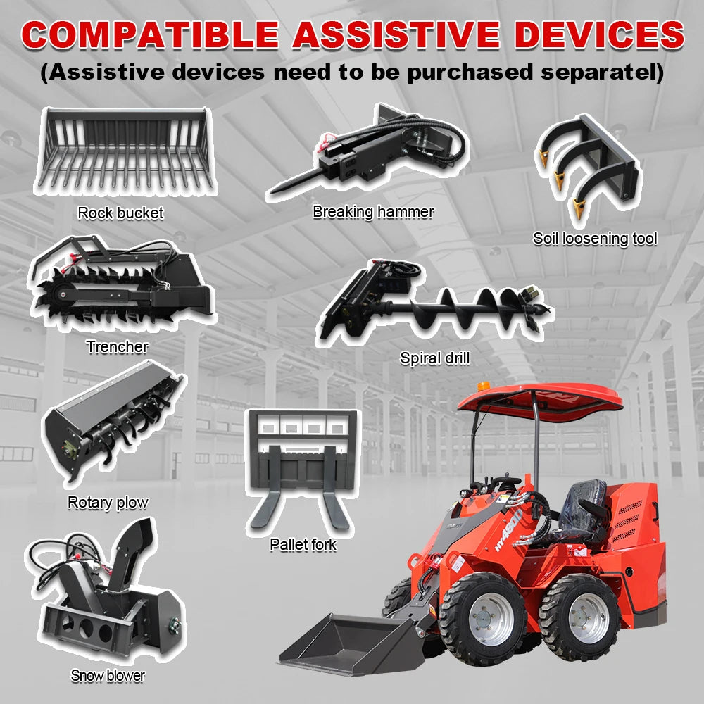 Supplier chart showing eight optional skid steer attachments sold separately, alongside the HY480D loader