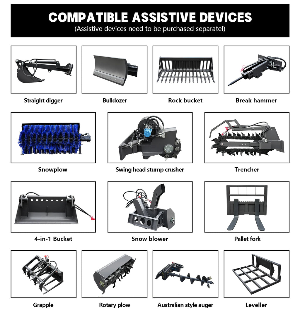 Supplier catalog of fourteen optional loader attachments, offered separately from the loader