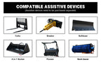 Supplier catalog showing optional fork, breaker, blade, bucket, mulcher and sweeper attachments