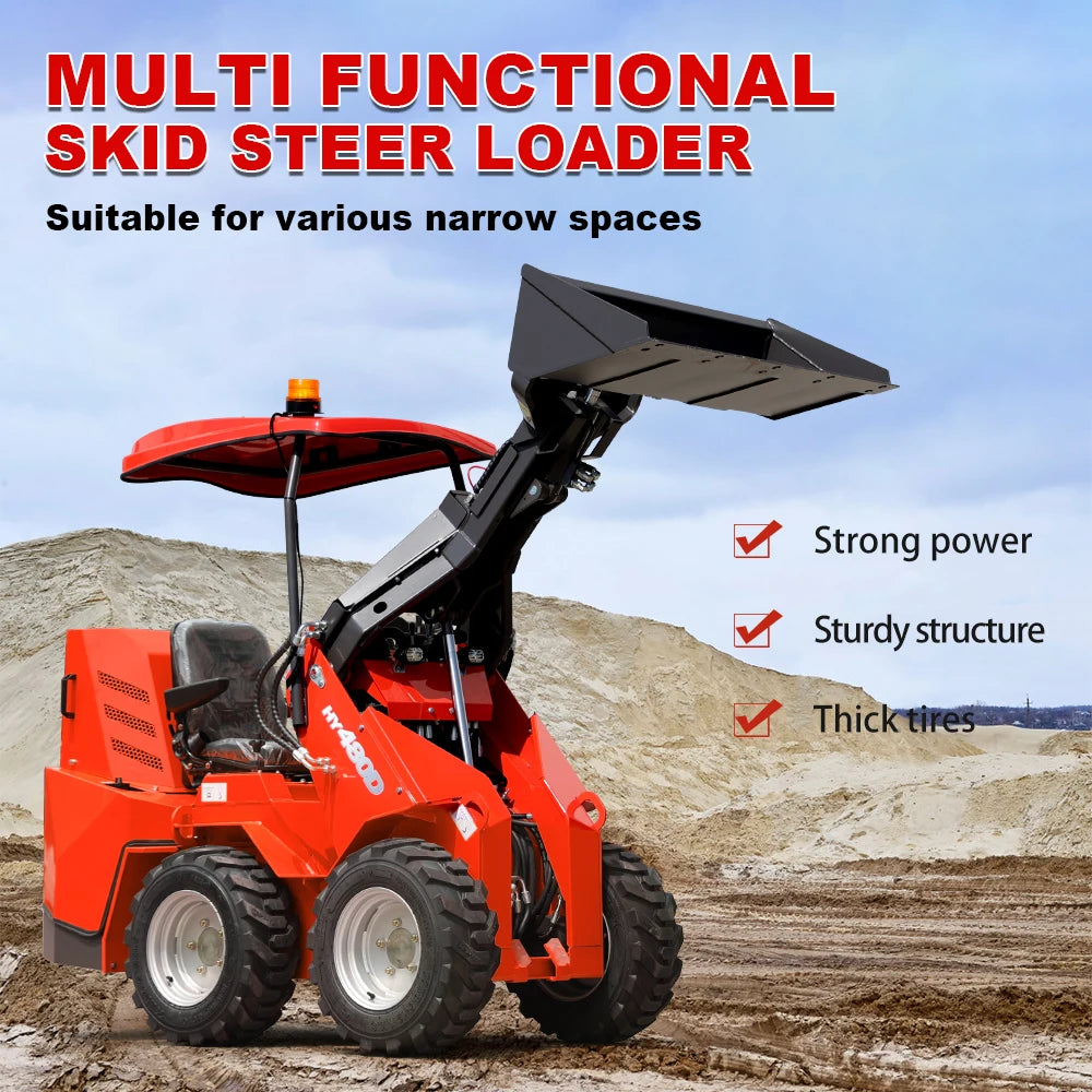 HY480D ride-on skid steer loader with its front bucket raised beside a sand pile