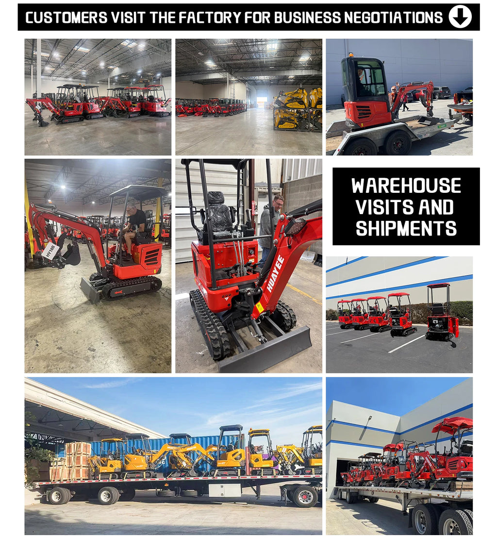 Supplier collage showing equipment factory visits, excavators and warehouse equipment