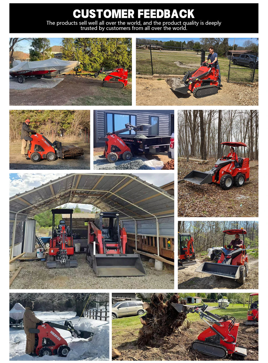Supplier photo collage of various loader models working with landscaping materials, logs, gravel and snow