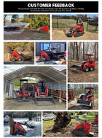 Supplier photo collage of various loader models working with landscaping materials, logs, gravel and snow