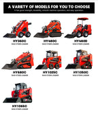 Supplier comparison chart of seven loader models, including the seated HY480D and other wheel and track models