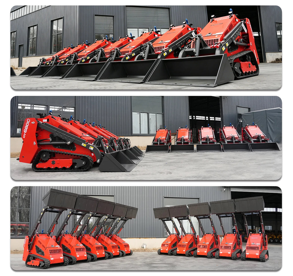 Supplier factory photos showing a lineup of separate tracked loader models with lowered and raised buckets