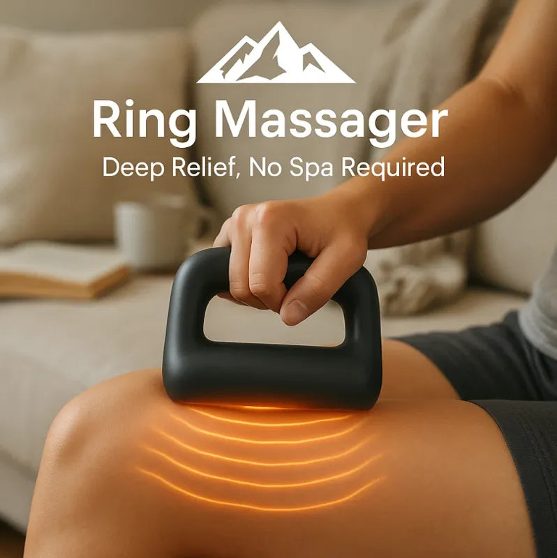 HighPeak Ring Massager in black shown massaging a knee with deep relief waves, portable muscle recovery device