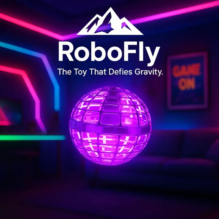 HighPeak RoboFly™ glowing purple flying ball hovering in a neon-lit modern gaming room setting
