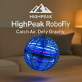 HighPeak RoboFly in blue with aerodynamic orb design floating above a wooden table in a cozy living room setting