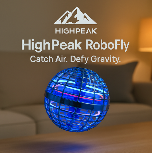 HighPeak RoboFly in blue with aerodynamic orb design floating above a wooden table in a cozy living room setting