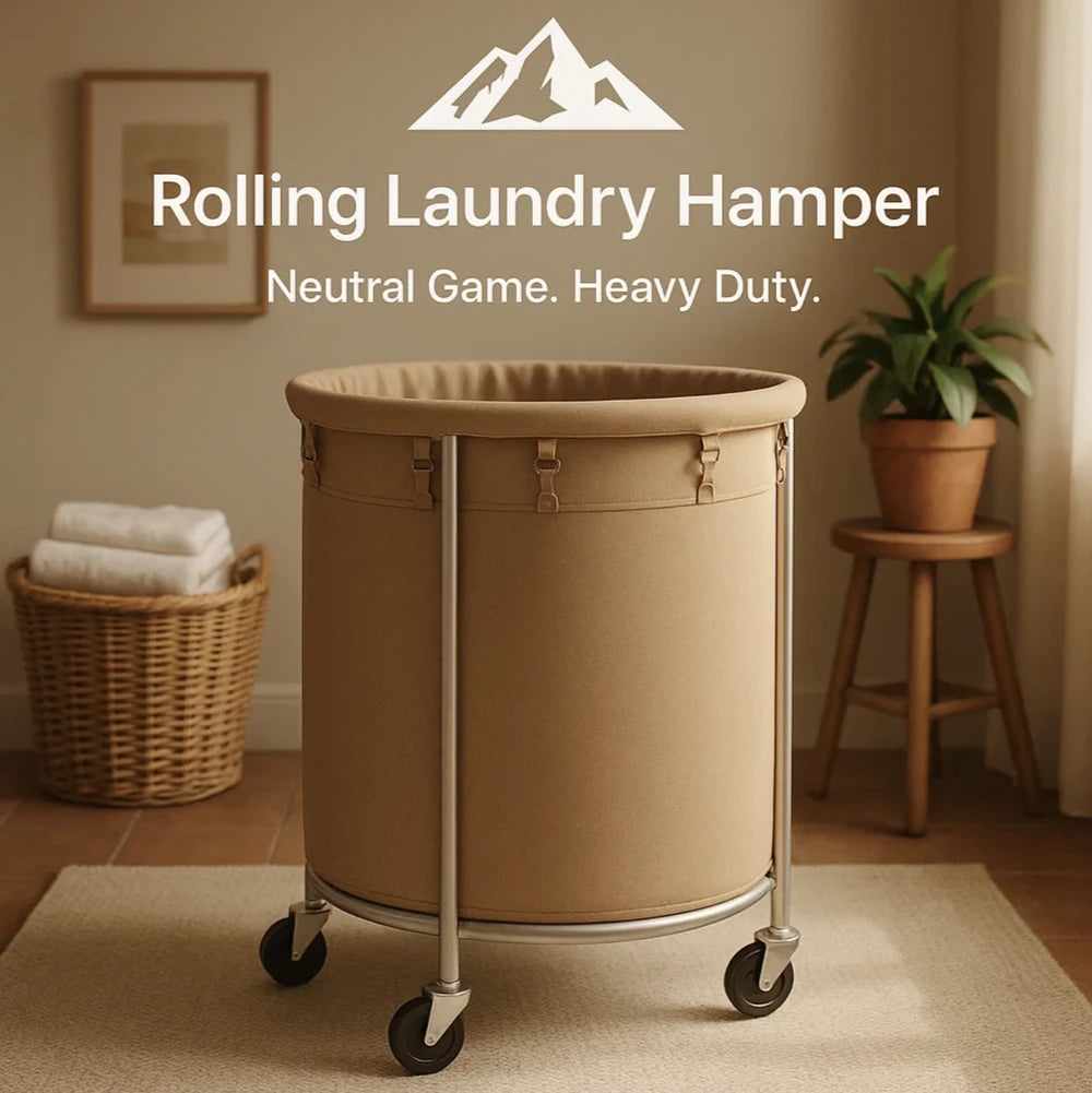 HighPeak Rolling Laundry Basket w Wheels in neutral beige with steel frame and 360° rolling casters in a cozy room setting