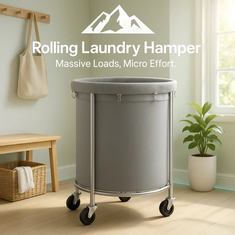 HighPeak Rolling Laundry Basket w Wheels in gray with steel frame and 360° wheels in bright laundry room setting