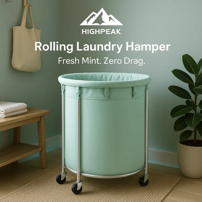 HighPeak Rolling Laundry Basket w Wheels in mint green with steel frame on rolling casters in modern laundry room
