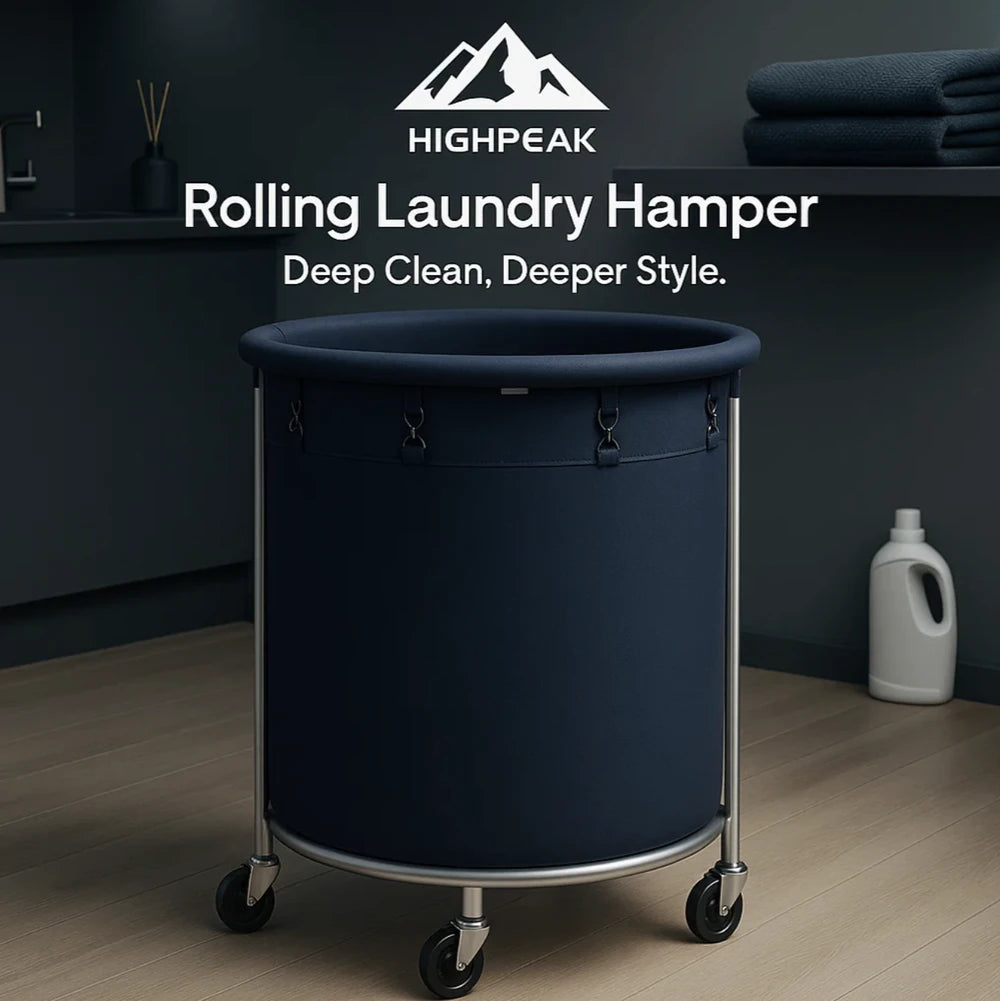HighPeak Rolling Laundry Basket w Wheels in navy with steel frame and 360° wheels in modern laundry room setting