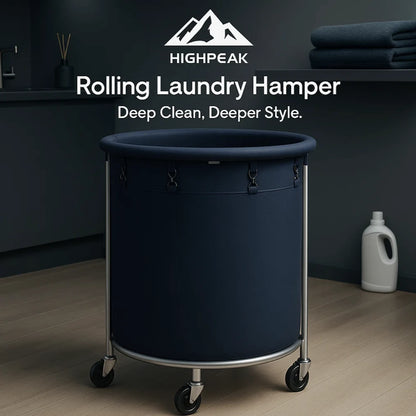 HighPeak Rolling Laundry Basket w Wheels in navy with steel frame and 360° casters in modern laundry room setting