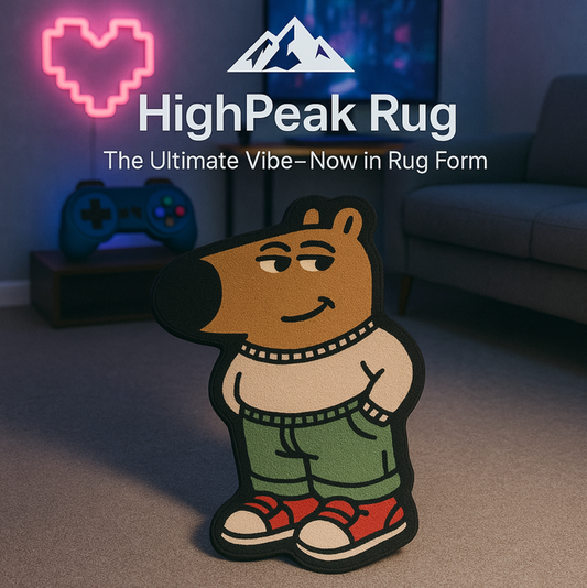 Chill Guy Rug by HighPeak with cartoon design in a cozy living room featuring gaming decor and soft carpet flooring.