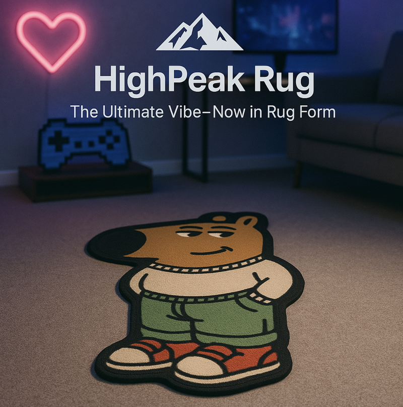 HighPeak Chill Guy Rug featuring a cool cartoon character in green pants and red shoes on a living room floor.