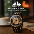 HighPeak RusticEdge™ handcrafted wooden timepiece with natural wood and steel band on a wooden table near coffee cup
