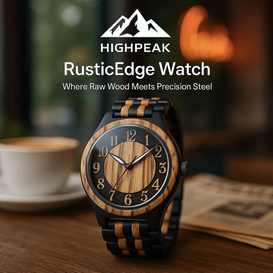 HighPeak RusticEdge™ handcrafted wooden timepiece with natural wood and steel band on a wooden table near coffee cup
