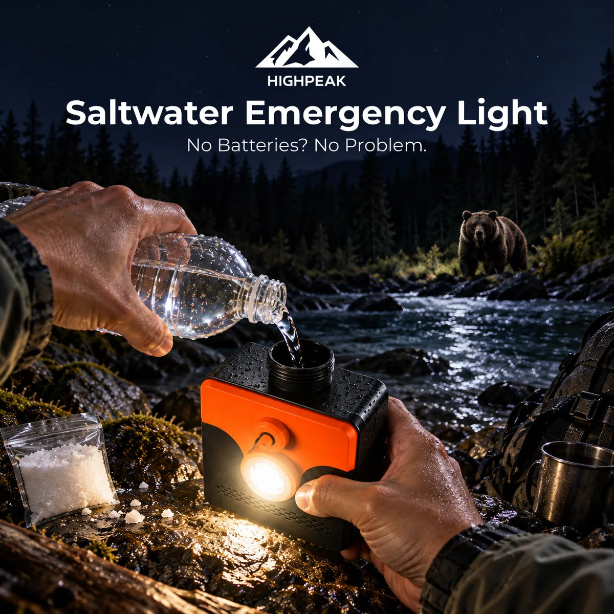 HighPeak Saltwater Emergency Light glowing as water is poured into its top opening at a nighttime campsite.