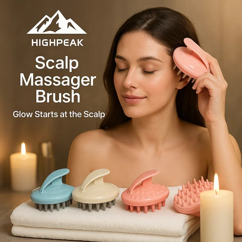 HighPeak Scalp Massager Brush in pink soft silicone used by woman for relaxing scalp massage at home spa setting