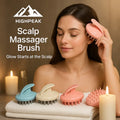 HighPeak Scalp Massager Brush in pink soft silicone used by woman for relaxing scalp massage at home spa setting