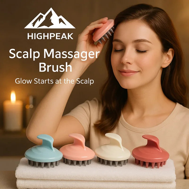 HighPeak Scalp Massager Brush in pastel colors with soft silicone bristles used by woman for relaxing scalp massage