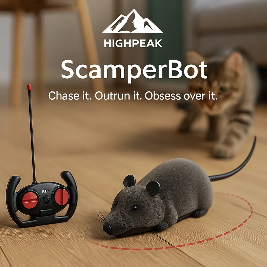 HighPeak ScamperBot remote control grey mouse toy on wood floor with cat and black controller nearby