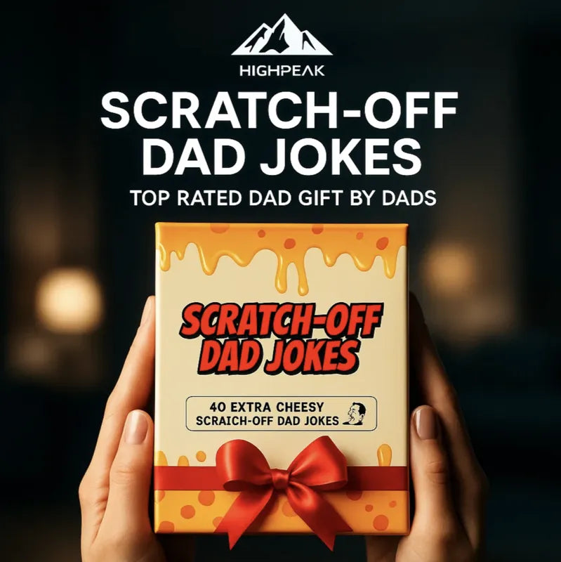 HighPeak Scratch Off Dad Jokes gift box with red bow held in hands, cheesy dad joke game for laughs and fun