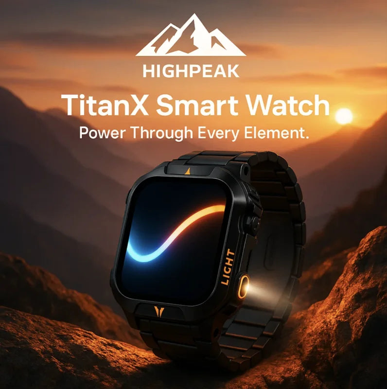 HighPeak TitanX Smart Watch in black with flashlight on, shown at sunset in rugged mountain terrain