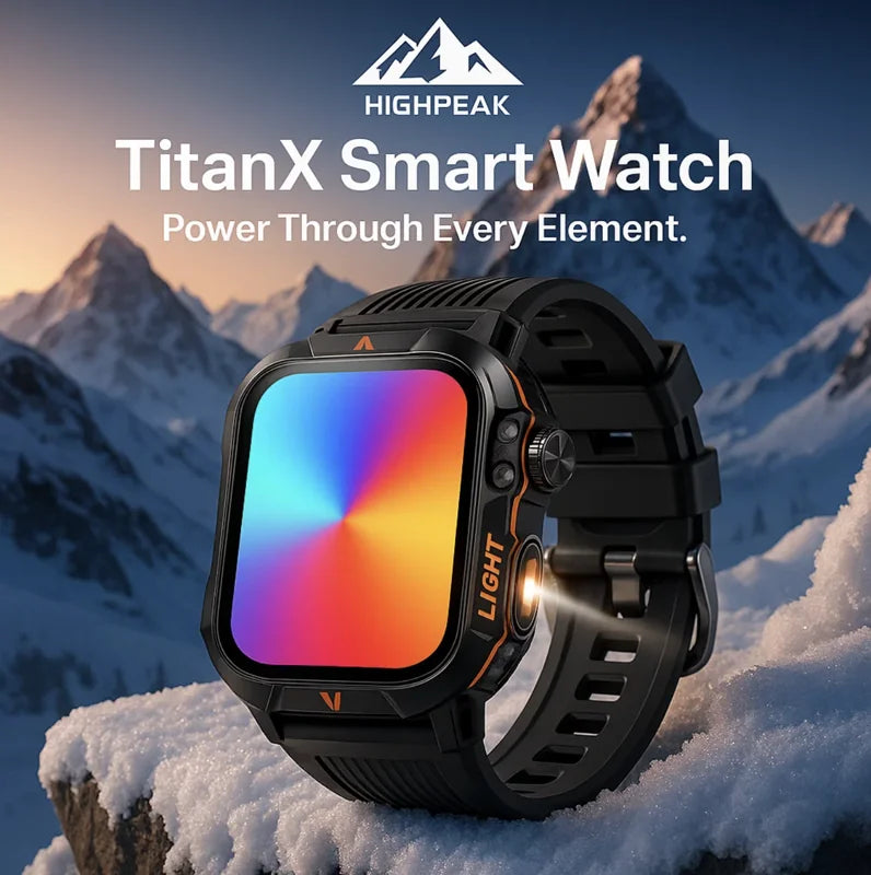 HighPeak TitanX Smart Watch in black with flashlight feature on snowy mountain background for outdoor adventure.