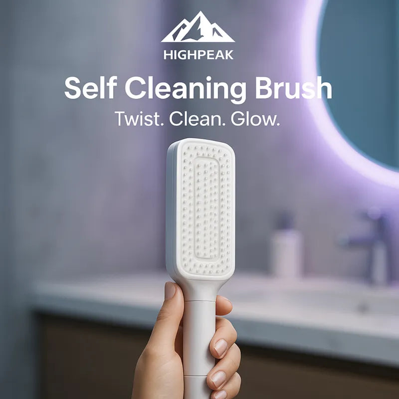 HighPeak Self Cleaning Brush in white held in hand with bathroom sink and round mirror background