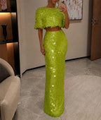 Full-length front view of the green Sequin Skirt Set with a cropped top and high-waist maxi skirt.