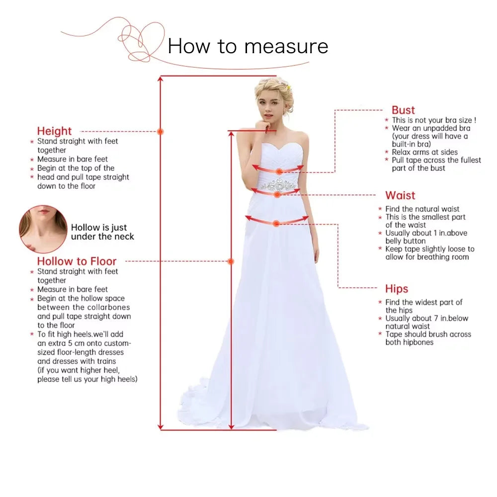 Supplier measuring guide showing how to measure bust, waist, hips, height and hollow to floor on a bridal illustration.