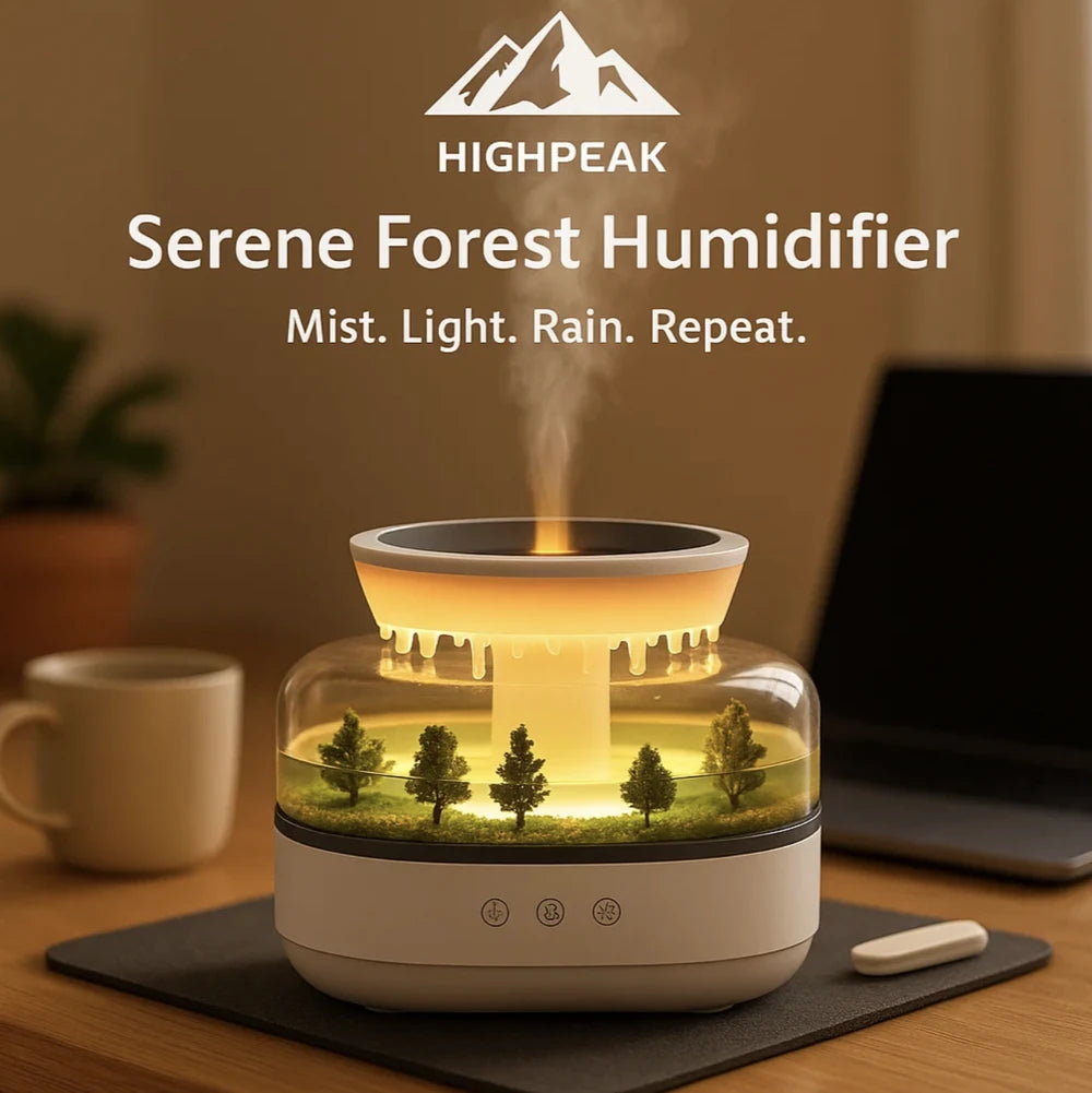 HighPeak Serene Forest Humidifier with mist, amber light, and mini forest design on a desk near laptop and coffee cup