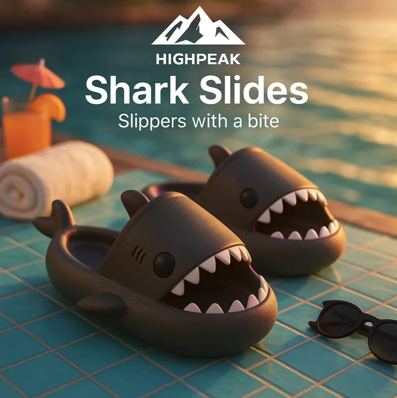 HighPeak Shark Slides in black with shark design by poolside featuring cushioned, non-slip soles and open-toe comfort.