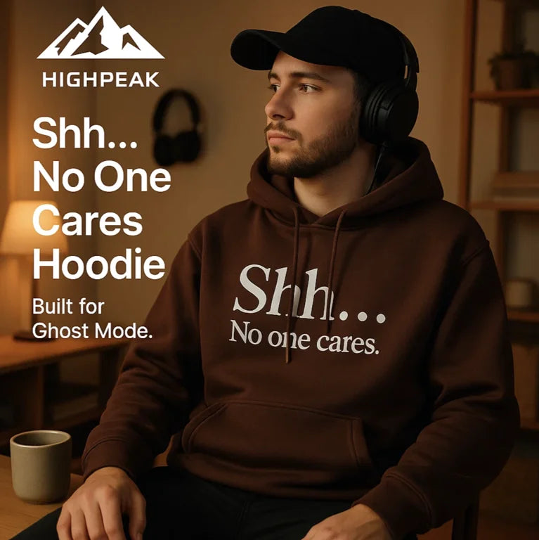 HighPeak Shh No One Cares Hoodie in brown with bold white text worn by man in relaxed indoor setting