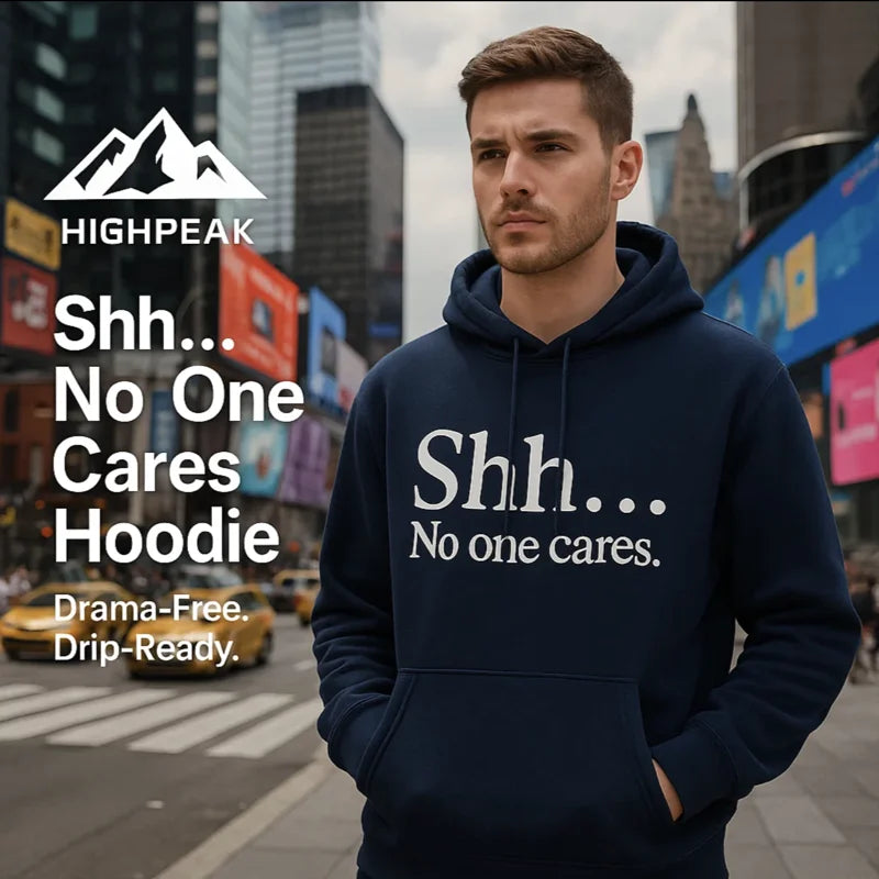 HighPeak Shh No One Cares Hoodie in navy blue worn by man in urban street setting with bold white typography